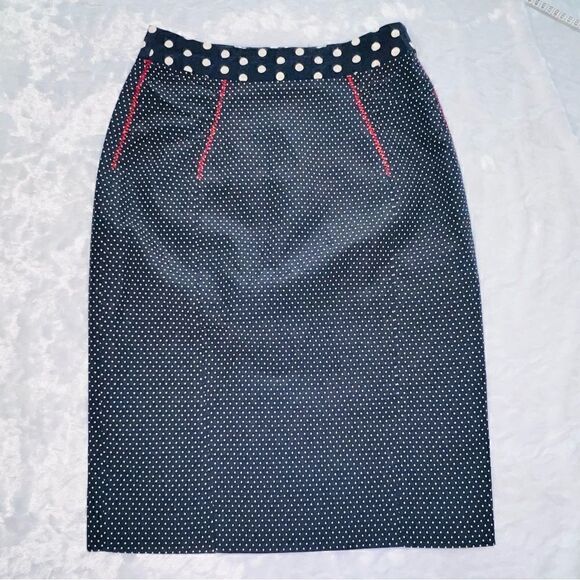 Yoana Baraschi Designer Blue White Polka Dot Skirt Red Zig Zag Stitch size 6 - Picture 1 of 7